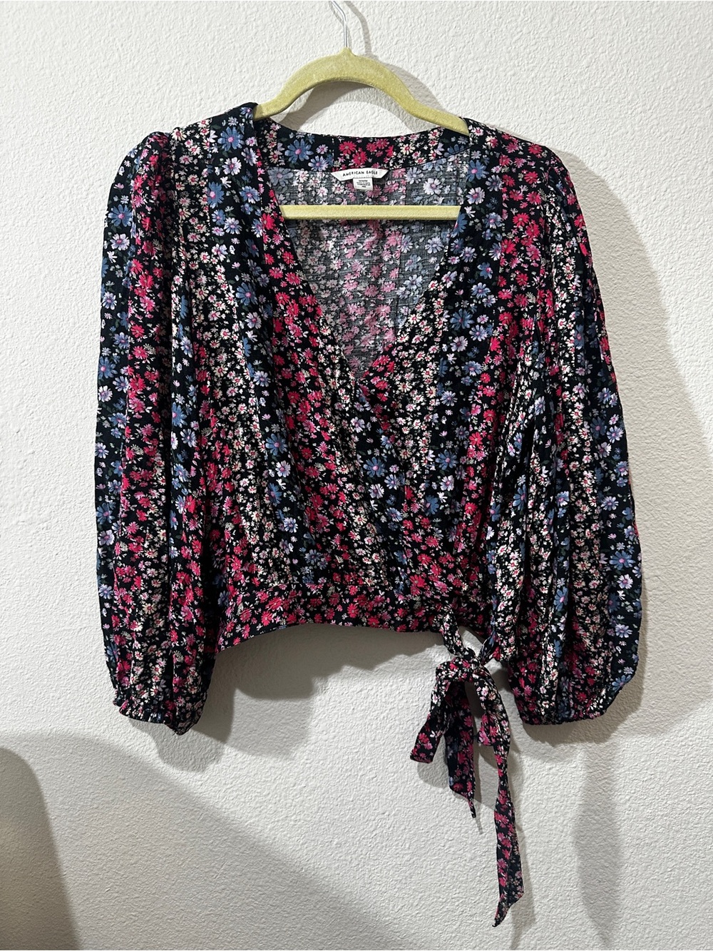 American Eagle Black Floral Wrap Crop Top